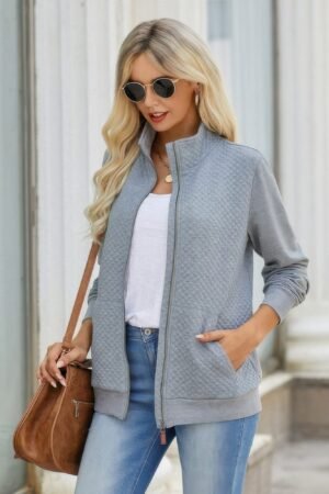 Solid Zip Up Quilted Charm Pockets Jacket