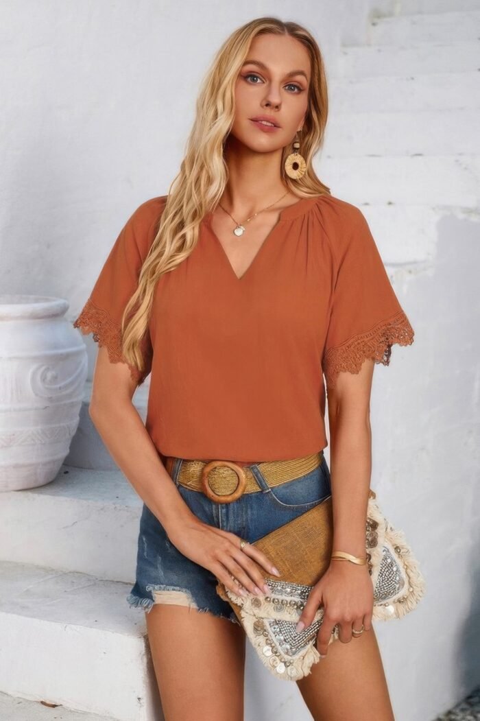 Solid v neck lace hem butterfly sleeve blouse - image 1