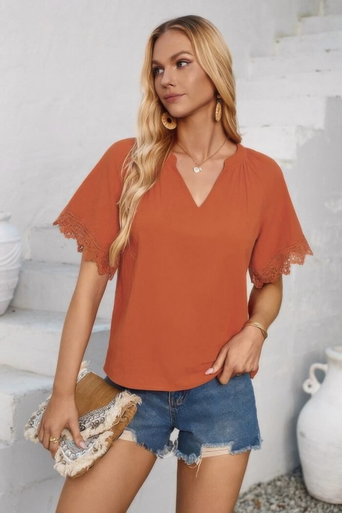 Solid v neck lace hem butterfly sleeve blouse - image 2