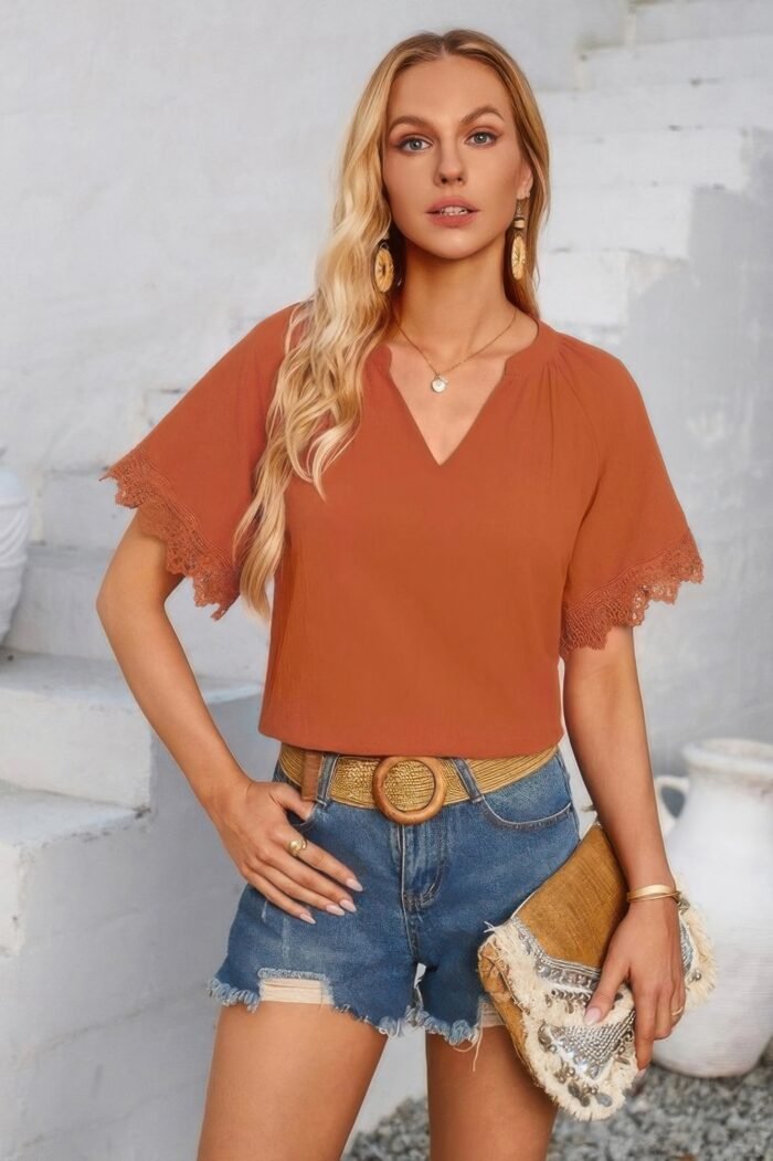 Solid v neck lace hem butterfly sleeve blouse - image 3