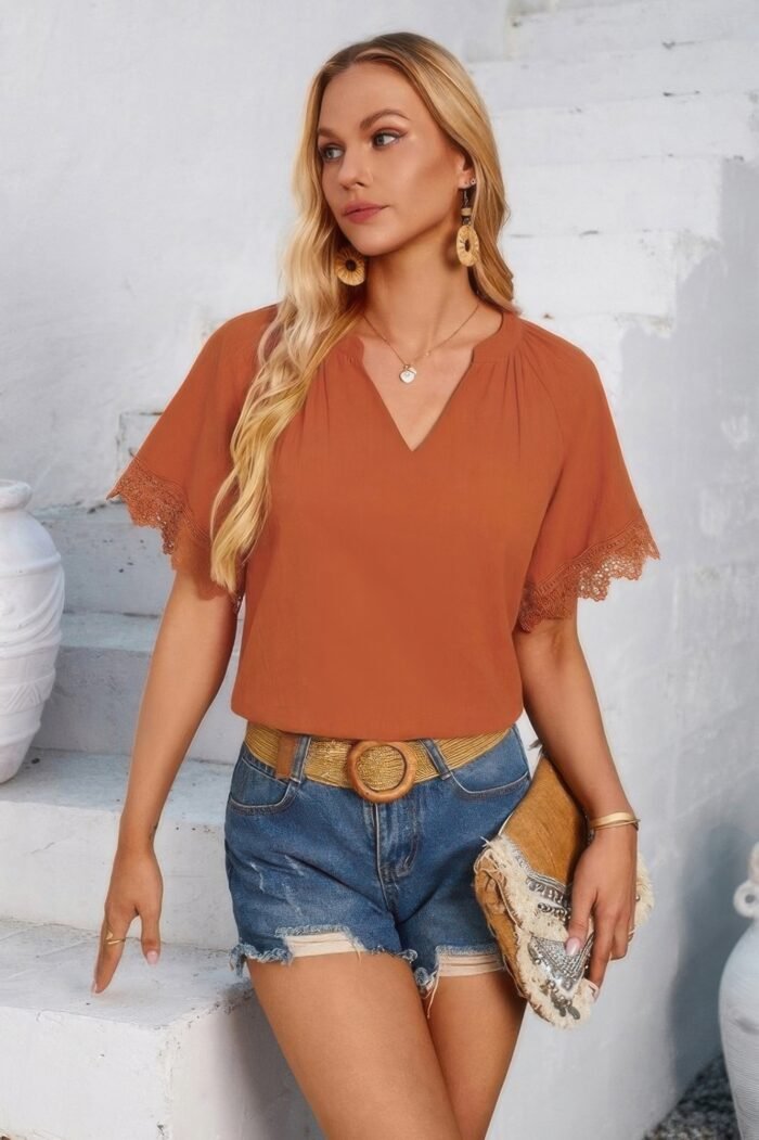 Solid v neck lace hem butterfly sleeve blouse - image 4