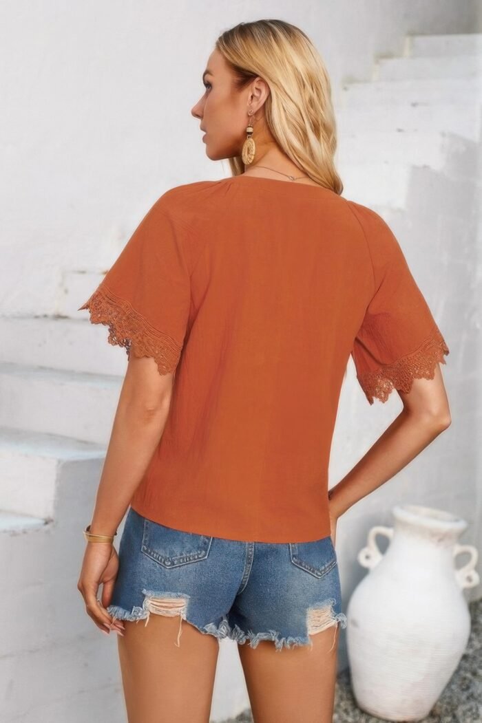 Solid v neck lace hem butterfly sleeve blouse - image 5