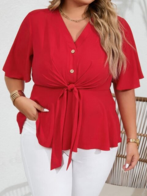 Plus Solid Butterfly Sleeve Knot Front Peplum Shirt