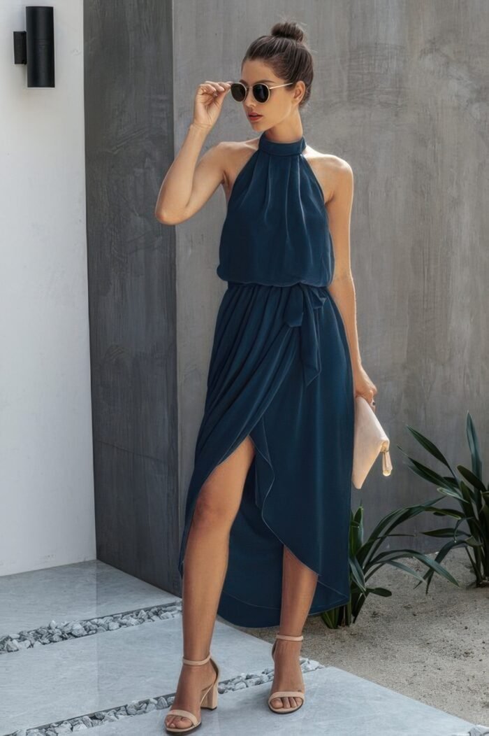 Halter neck empire waist spilt dress - image 4