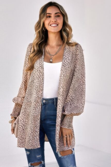 Allover Print Shirred Cuff Lantern Sleeve Kimono