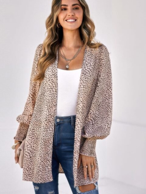 Allover Print Shirred Cuff Lantern Sleeve Kimono