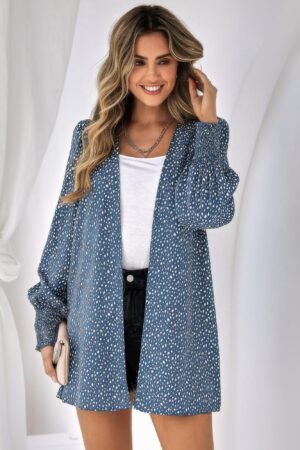 Allover Print Shirred Cuff Lantern Sleeve Kimono