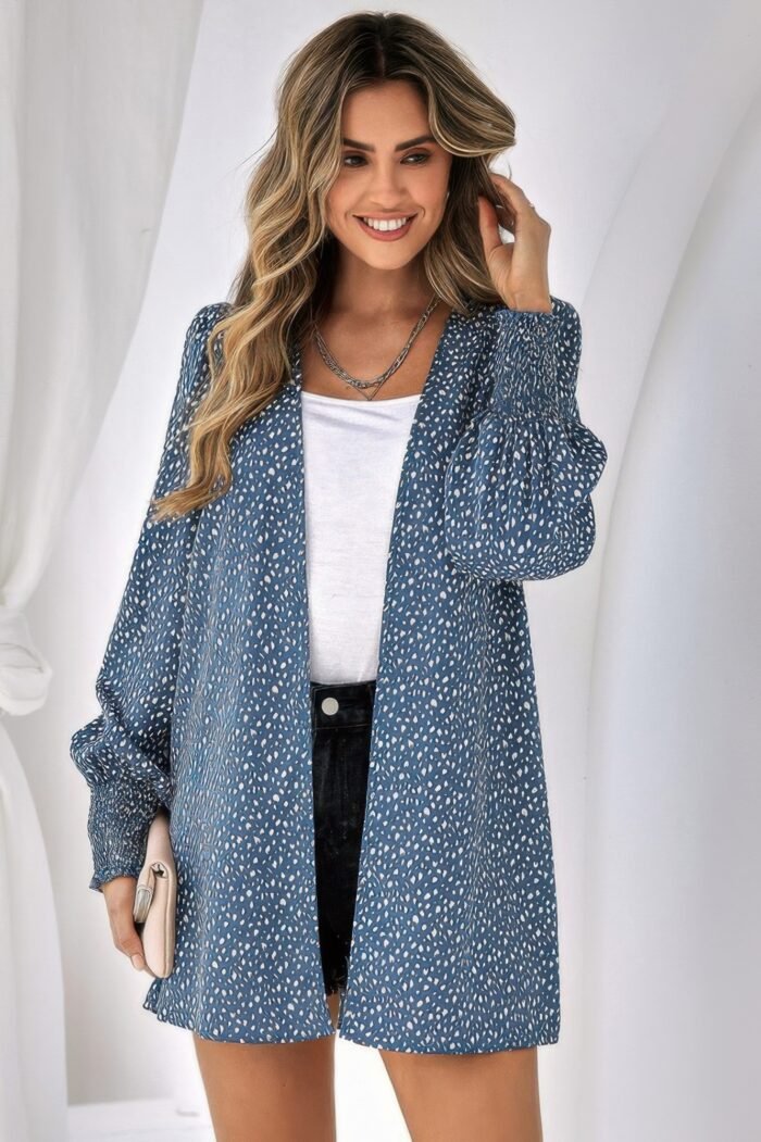 Allover print shirred cuff lantern sleeve kimono