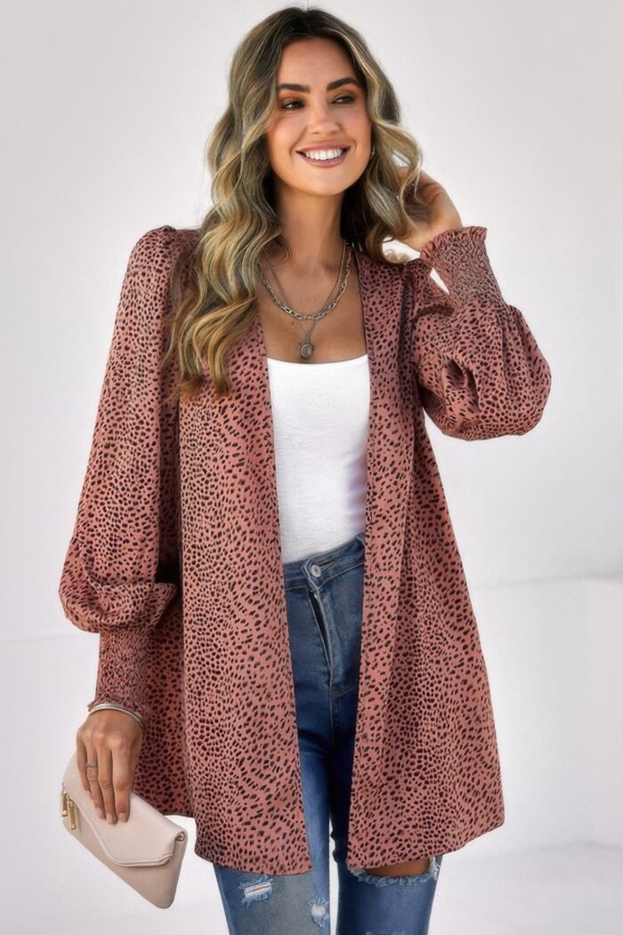 Allover print shirred cuff lantern sleeve kimono