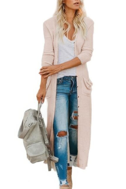 Solid Button Down Front Pocket Knitted Cardigan