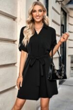Solid V Neck Waist Tie Belt A Line Dress - Image 2