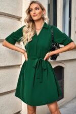 Solid V Neck Waist Tie Belt A Line Dress - Image 6