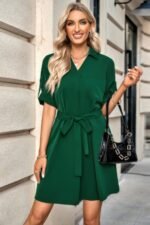 Solid V Neck Waist Tie Belt A Line Dress - Image 8