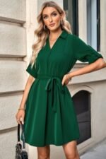 Solid V Neck Waist Tie Belt A Line Dress - Image 9