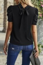 Solid Puff Short Sleeve Mock Neck Pleated T Shirt - Image 5