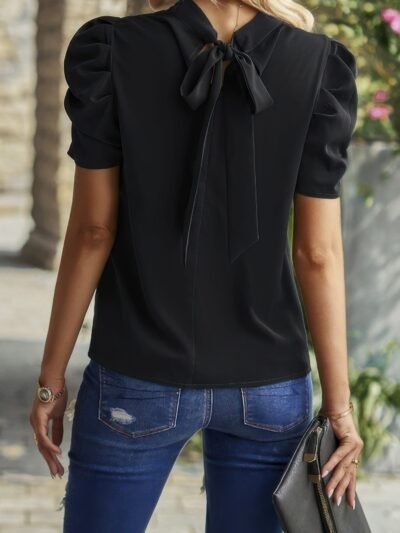 Solid Puff Short Sleeve Mock Neck Pleated T Shirt Solid Puff Short Sleeve Mock Neck Pleated T Shirt
