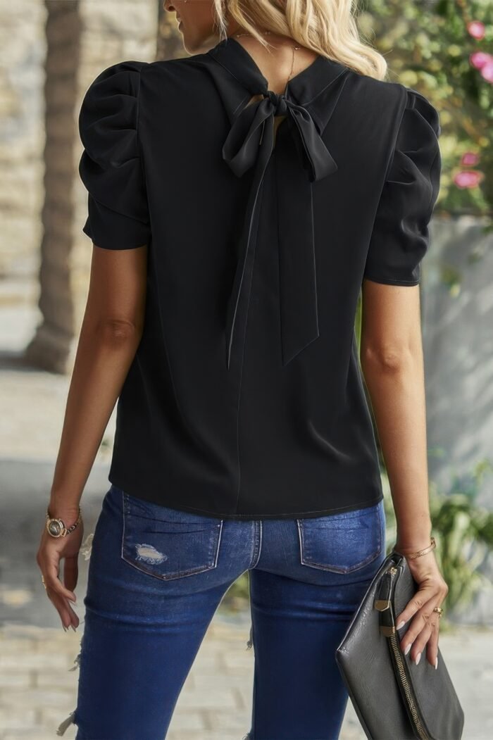 Solid puff short sleeve mock neck pleated t shirt - image 5