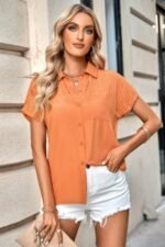Pleated Solid Short Sleeve Button Down Shirt