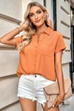 Pleated Solid Short Sleeve Button Down Shirt - Image 3