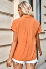 Pleated Solid Short Sleeve Button Down Shirt - Image 4