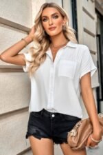 Pleated Solid Short Sleeve Button Down Shirt - Image 6