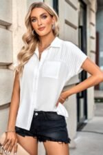 Pleated Solid Short Sleeve Button Down Shirt - Image 7