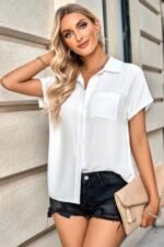 Pleated Solid Short Sleeve Button Down Shirt - Image 8