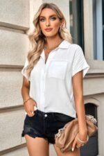 Pleated Solid Short Sleeve Button Down Shirt - Image 9
