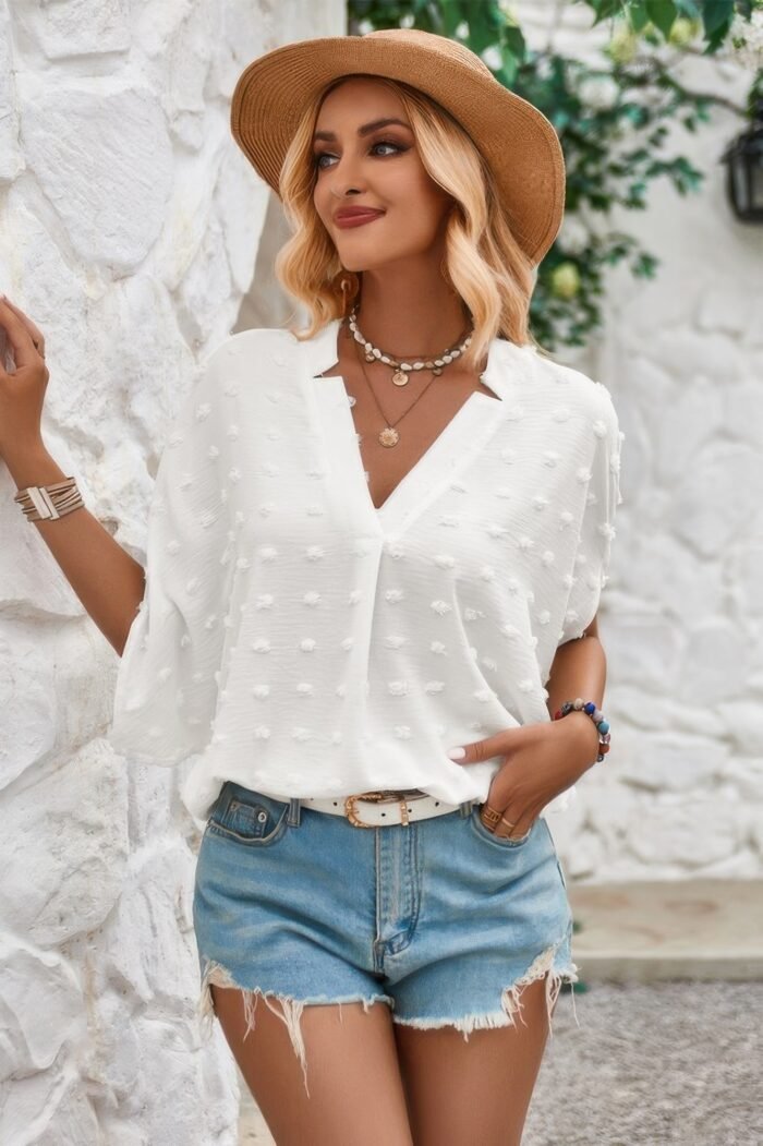 Solid loose v neck fur ball bat sleeves top