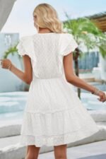 V Neck Hollow Pleated A Line Short Dress - Image 5