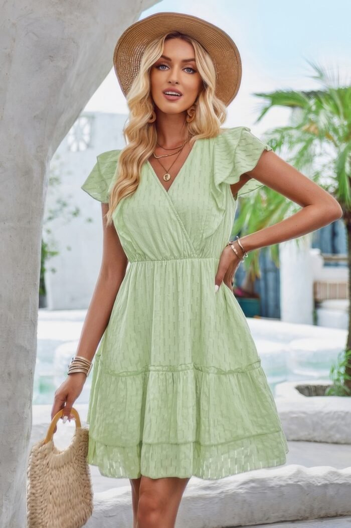 V neck hollow pleated a line short dress - image 8