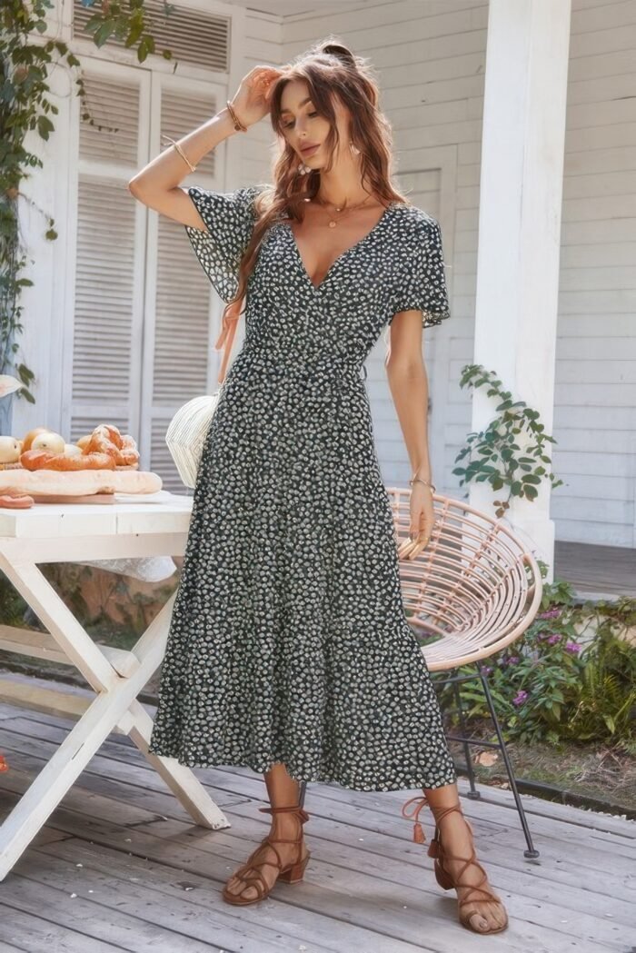 V neck short sleeve flower print dress