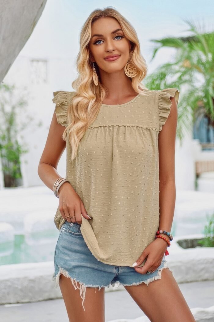 Crew neck swiss dot short ruffle sleeve top - image 2