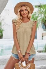 Crew Neck Swiss Dot Short Ruffle Sleeve Top