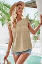 Crew Neck Swiss Dot Short Ruffle Sleeve Top