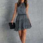 Sleeveless Tie Neck Frill Trim Tiered Layer Dress