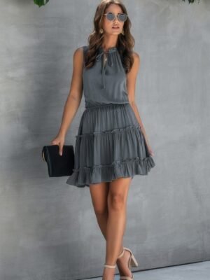 Sleeveless Tie Neck Frill Trim Tiered Layer Dress