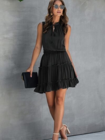 Sleeveless Tie Neck Frill Trim Tiered Layer Dress Sleeveless Tie Neck Frill Trim Tiered Layer Dress