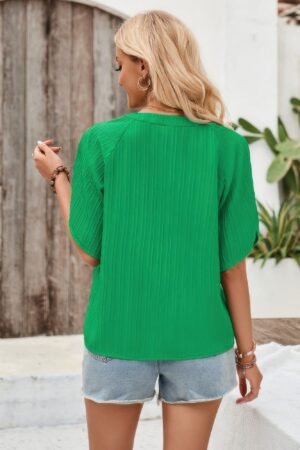 Plain V Neck Loose Fit Short Sleeve Blouse