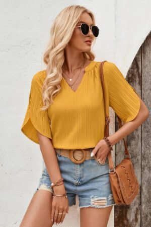 Plain V Neck Loose Fit Short Sleeve Blouse