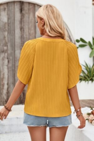 Plain V Neck Loose Fit Short Sleeve Blouse