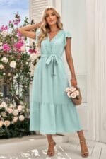 Solid Dot V Neck Lace Ruffle Belt Long Dress