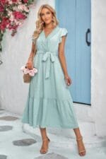 Solid Dot V Neck Lace Ruffle Belt Long Dress