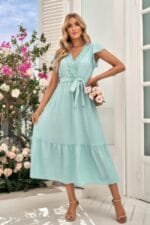 Solid Dot V Neck Lace Ruffle Belt Long Dress
