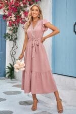 Solid Dot V Neck Lace Ruffle Belt Long Dress