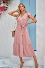 Solid Dot V Neck Lace Ruffle Belt Long Dress