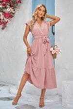 Solid Dot V Neck Lace Ruffle Belt Long Dress