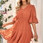 Solid Swiss Dot Flare Sleeve V Neck Dress