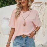 Knot Back Open Back Lace Trim Solid Loose Fit Top