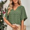 Solid Swiss Dot V Neck Puff Sleeve Blouse